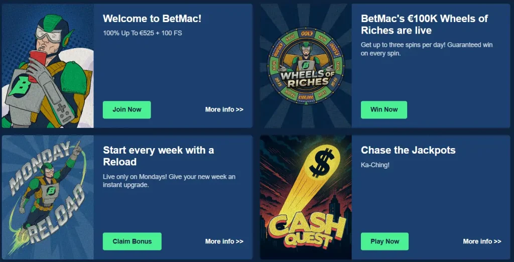 Betmac Casino Bonus Aktionen mit Welcome Bonus Reload und Cash Quest Jackpot