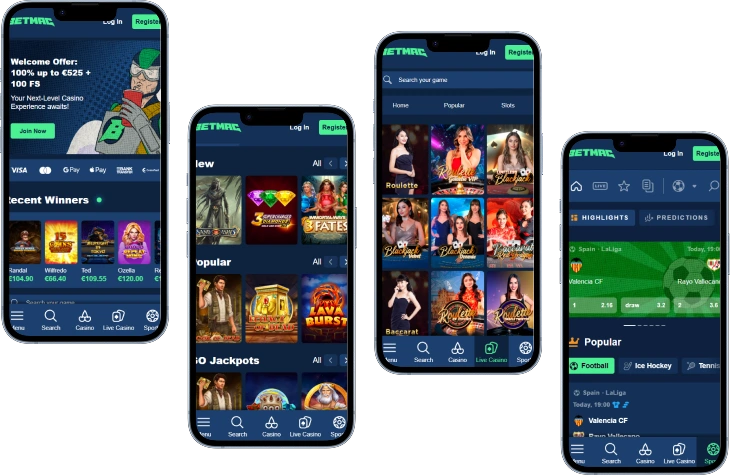Betmac Casino mobile Version mit Slots Live Casino und Sportwetten