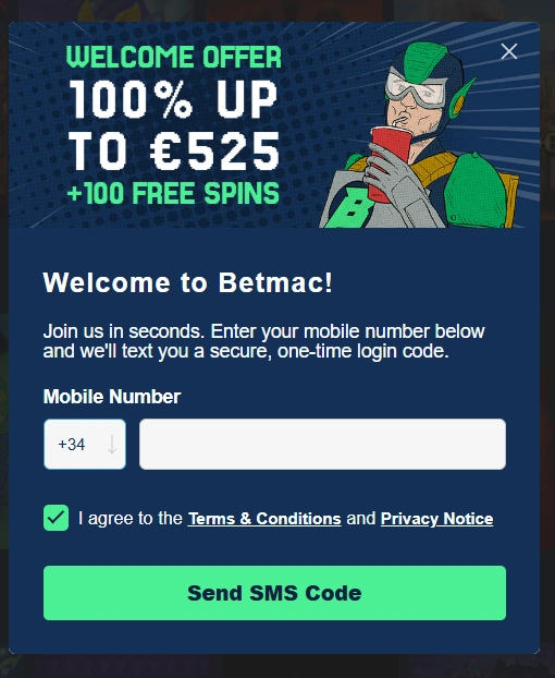 Betmac Casino SMS Registrierung mit 100 Prozent Bonus und 100 Freispiele