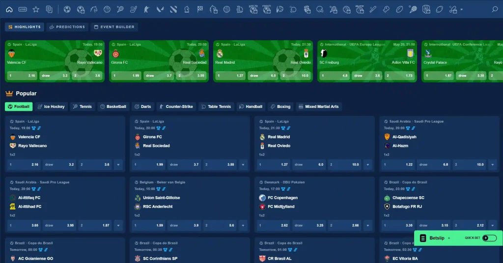 Betmac Casino Sportwetten Lobby mit Live Events und Fußball Spielen